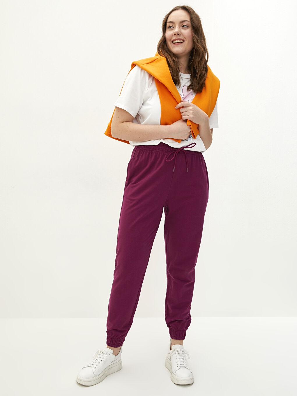 Women's Elastic Waist Tie Detail Plain Jogger Sweatpants