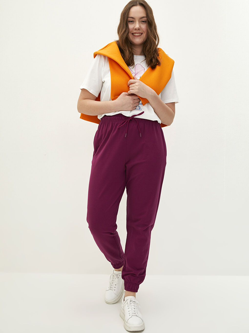 Women's Elastic Waist Tie Detail Plain Jogger Sweatpants-1