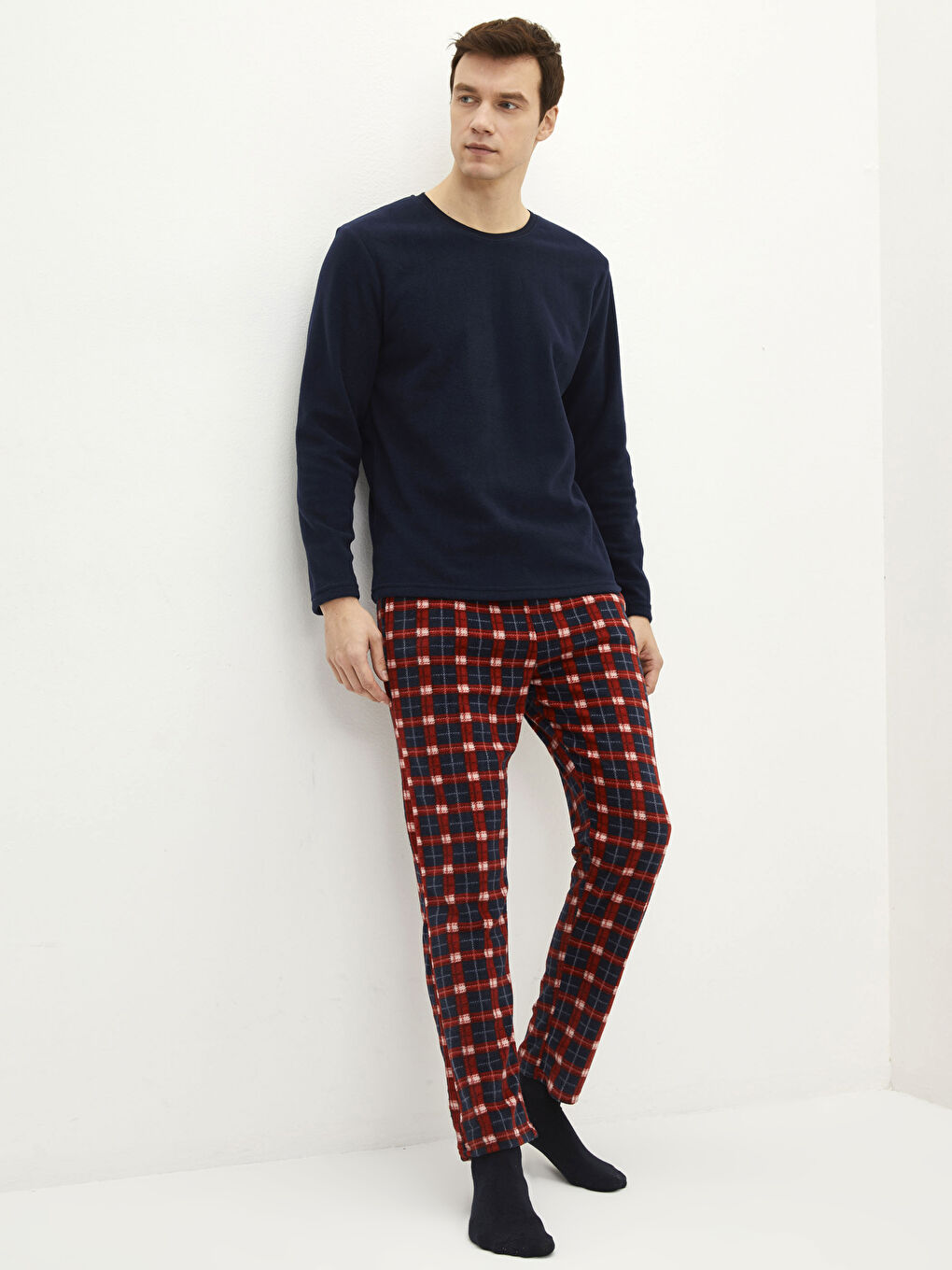 Kırmızı Standart Kalıp Ekose Erkek Polar Pijama Takımı-2