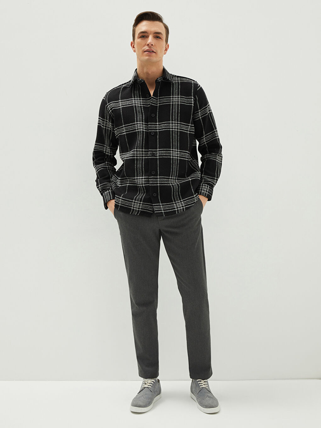 Gri Rahat Kalıp Uzun Kollu Ekose Erkek Oduncu Gömlek-2