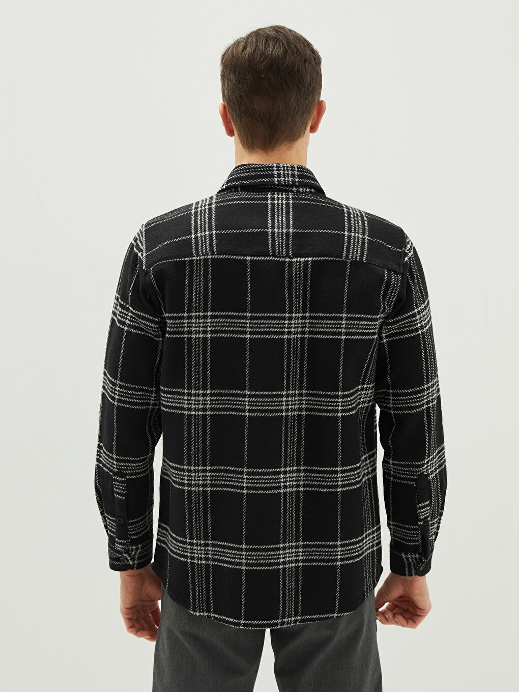 Gri Rahat Kalıp Uzun Kollu Ekose Erkek Oduncu Gömlek-4