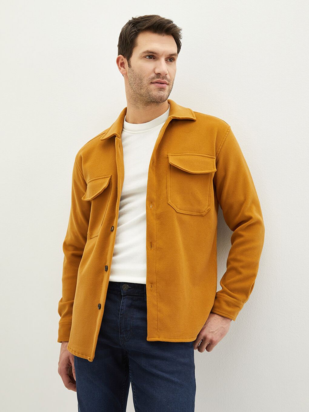 Sarı Rahat Kalıp Uzun Kollu Erkek Gömlek Ceket
