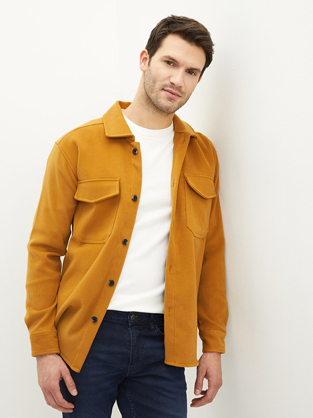 Sarı Rahat Kalıp Uzun Kollu Erkek Gömlek Ceket-1
