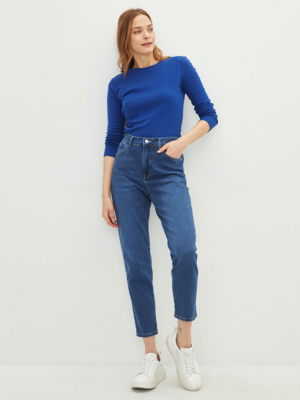 İndigo Yüksek Bel Slim Fit Kadın Jean Pantolon-1