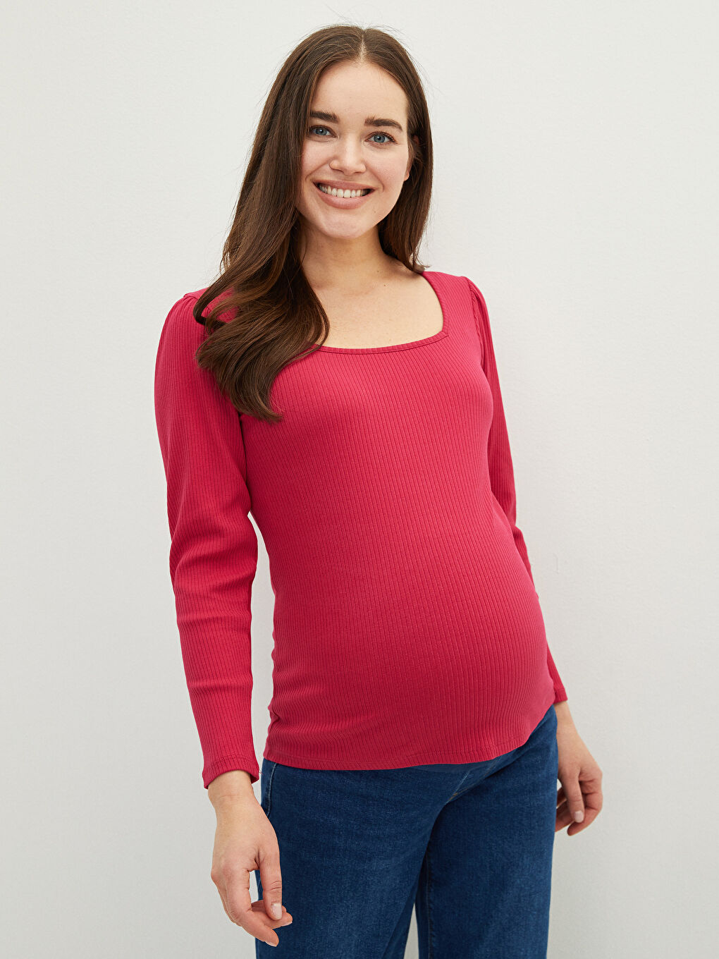 Square Collar Plain Long Sleeve Maternity T-Shirt
