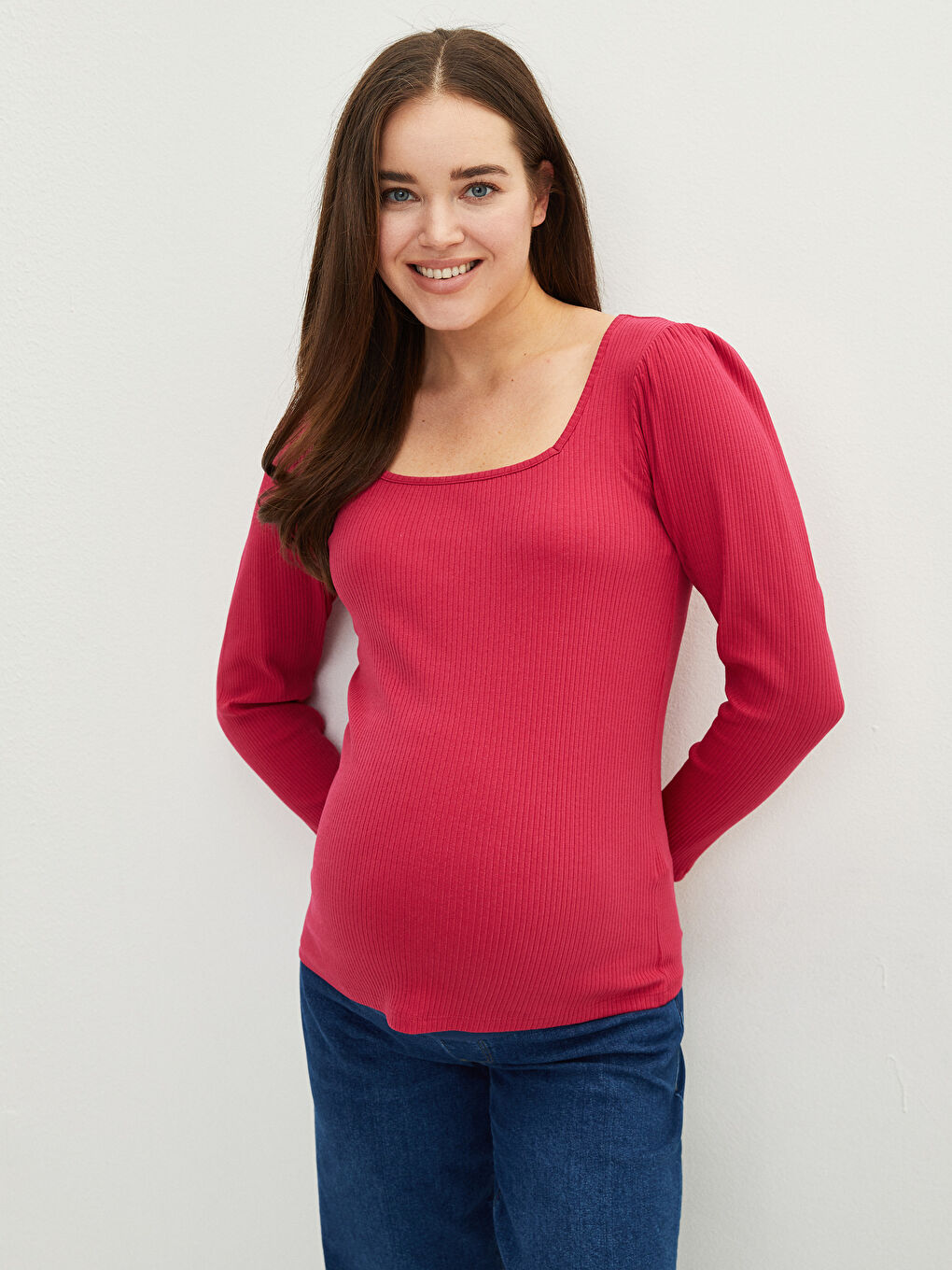 Square Collar Plain Long Sleeve Maternity T-Shirt-1