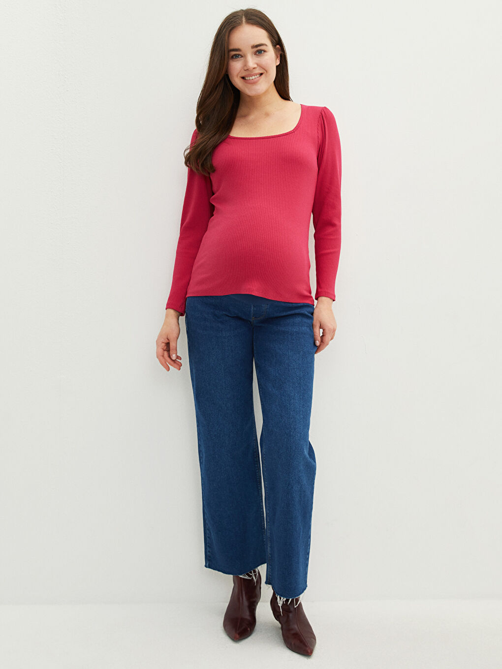 Square Collar Plain Long Sleeve Maternity T-Shirt-2
