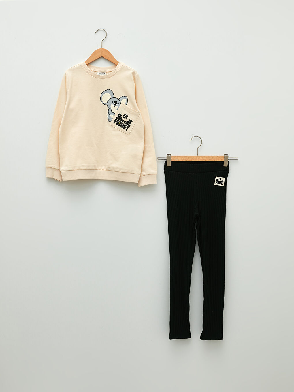 Bej Bisiklet Yaka Baskılı Uzun Kollu Oversize Kız Çocuk Sweatshirt ve Tayt