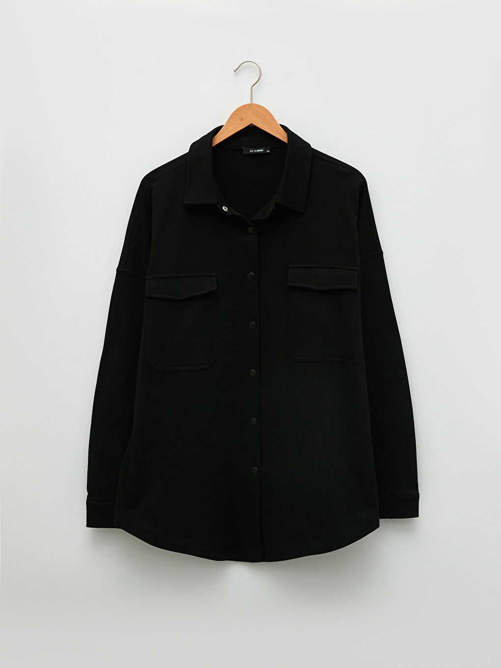 Siyah Büyük Beden Önden Düğme Kapamalı Düz Uzun Kollu Kadın Gömlek Ceket-5