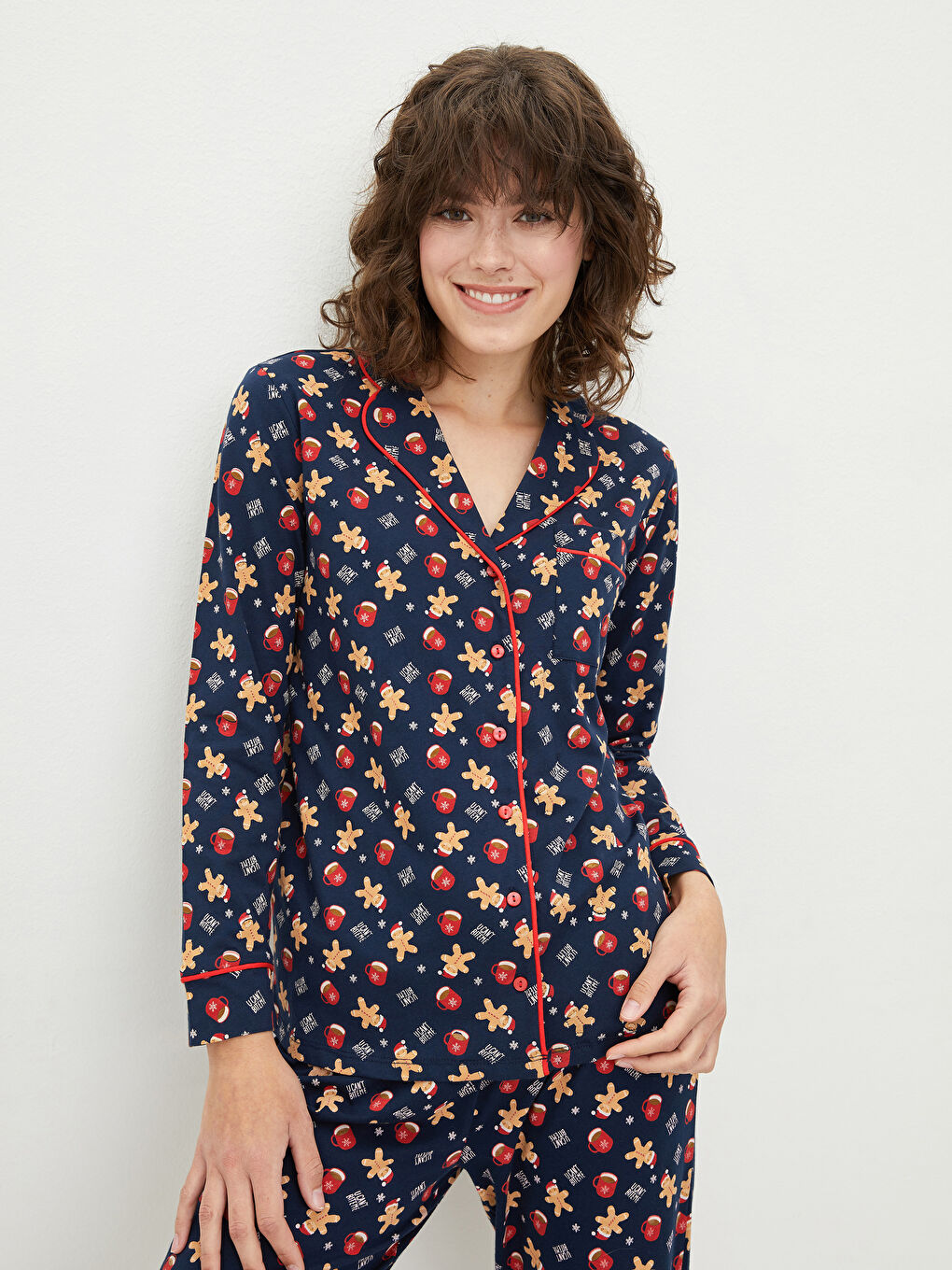 Set de pijama pentru Femei din Bumbac Bumbac cu Mânecă Lungă Tematică de Crăciun și Guler de Cămașă