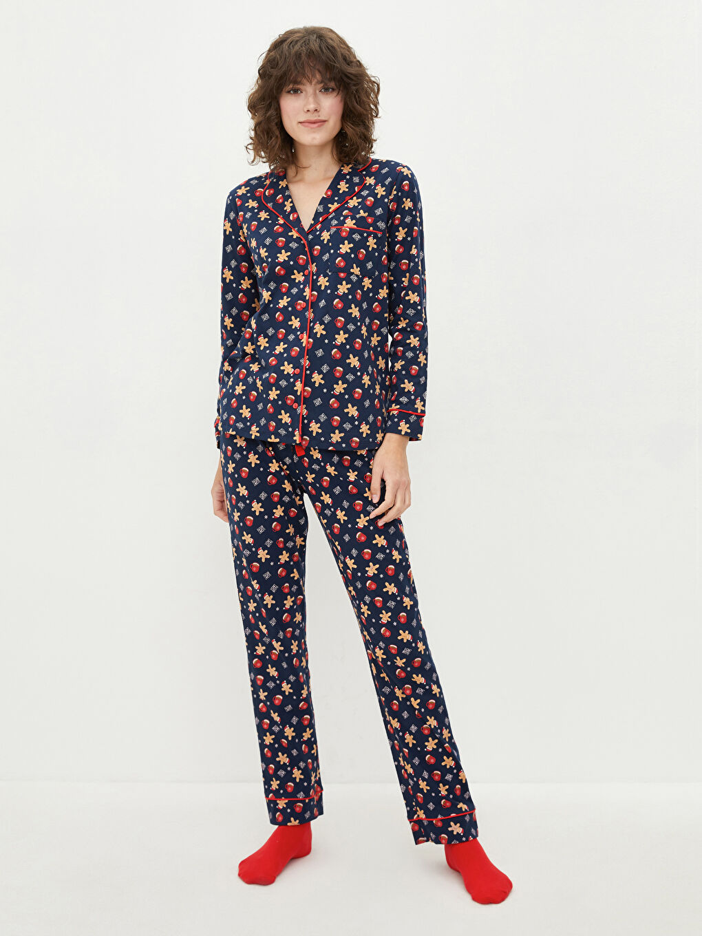 Set de pijama pentru Femei din Bumbac Bumbac cu Mânecă Lungă Tematică de Crăciun și Guler de Cămașă-2