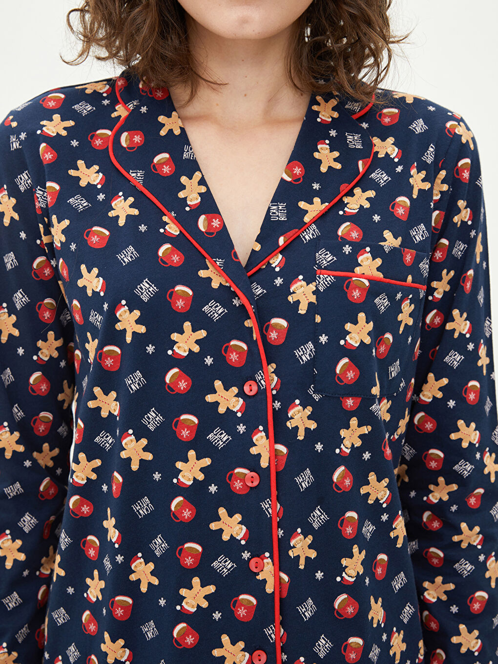 Set de pijama pentru Femei din Bumbac Bumbac cu Mânecă Lungă Tematică de Crăciun și Guler de Cămașă-3