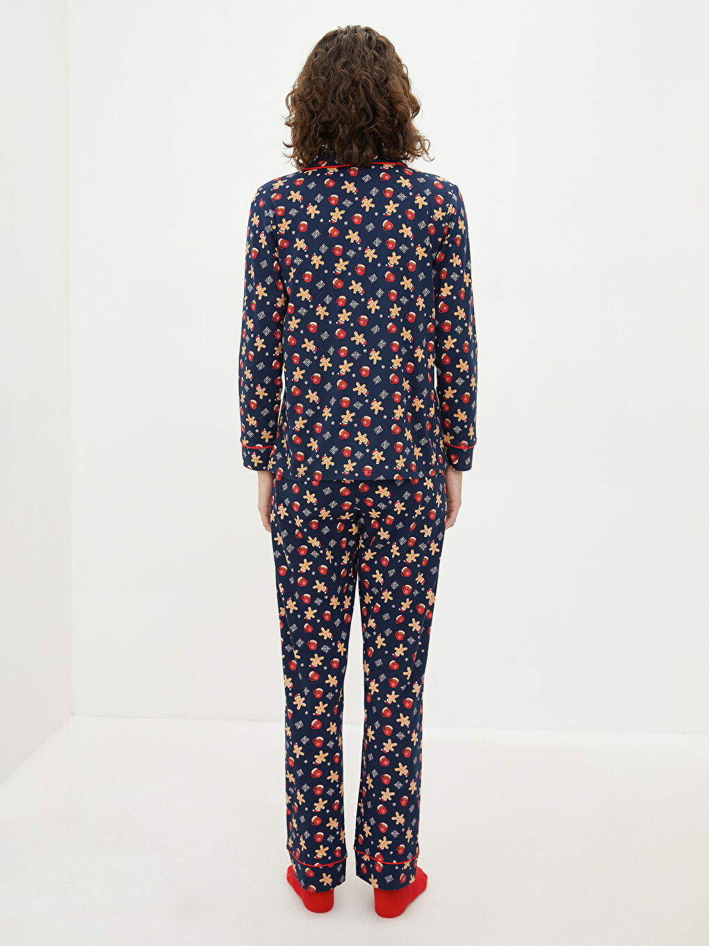 Set de pijama pentru Femei din Bumbac Bumbac cu Mânecă Lungă Tematică de Crăciun și Guler de Cămașă-4