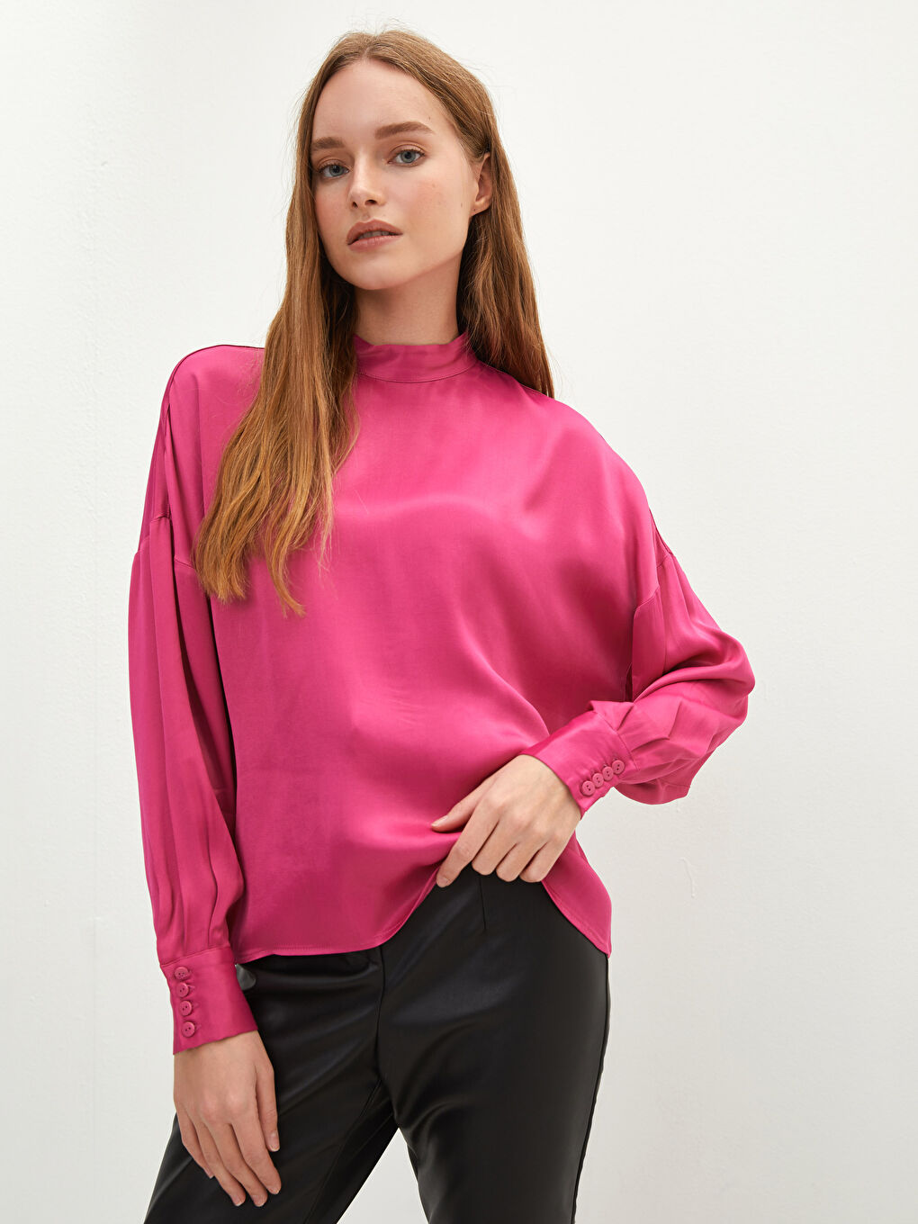 High Collar Straight Long Sleeve Viscose Women's Blouse