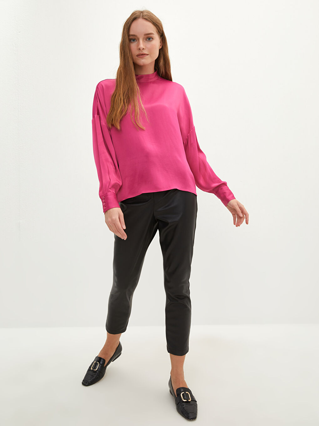 High Collar Straight Long Sleeve Viscose Women's Blouse-1