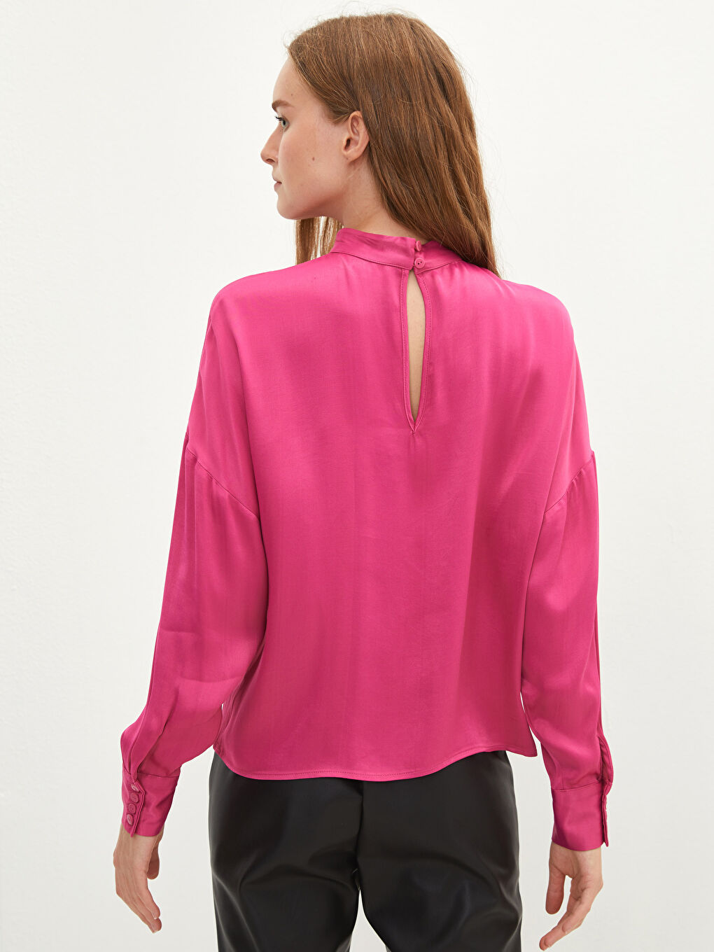 High Collar Straight Long Sleeve Viscose Women's Blouse-3