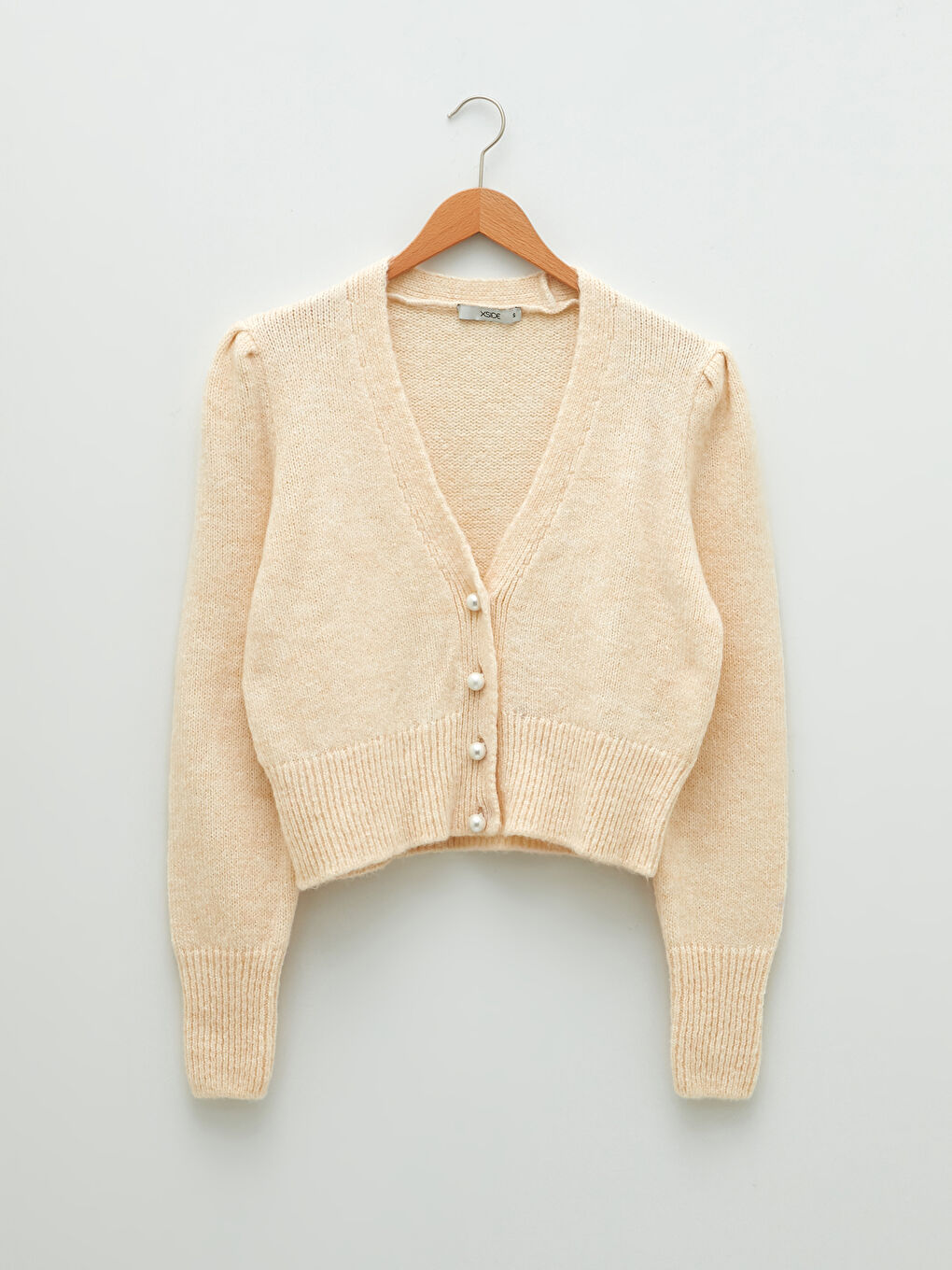 Ekru V Yaka Kadın Triko Hırka-6