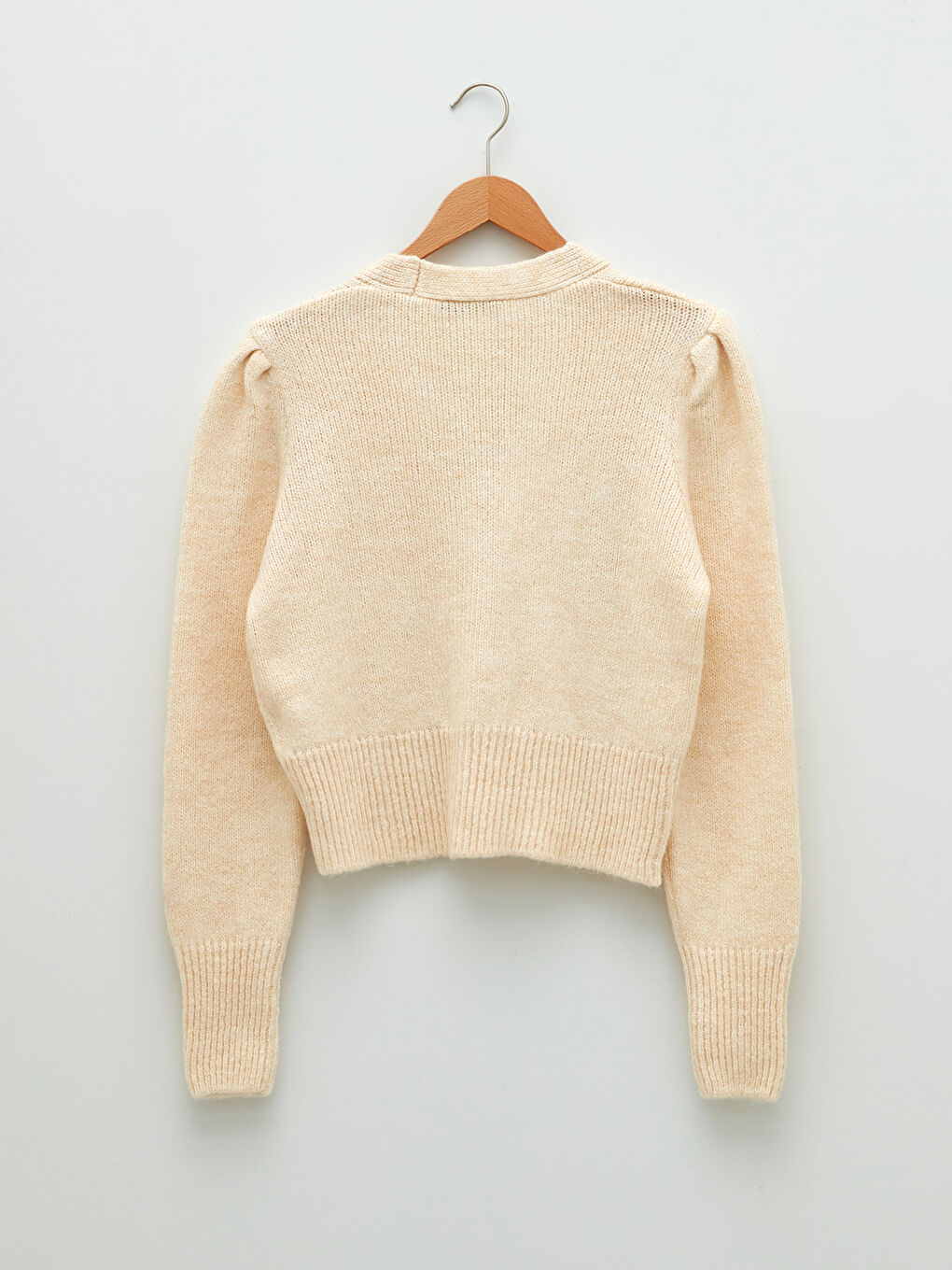 Ekru V Yaka Kadın Triko Hırka-7