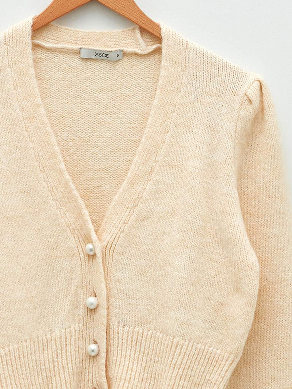 Ekru V Yaka Kadın Triko Hırka-8