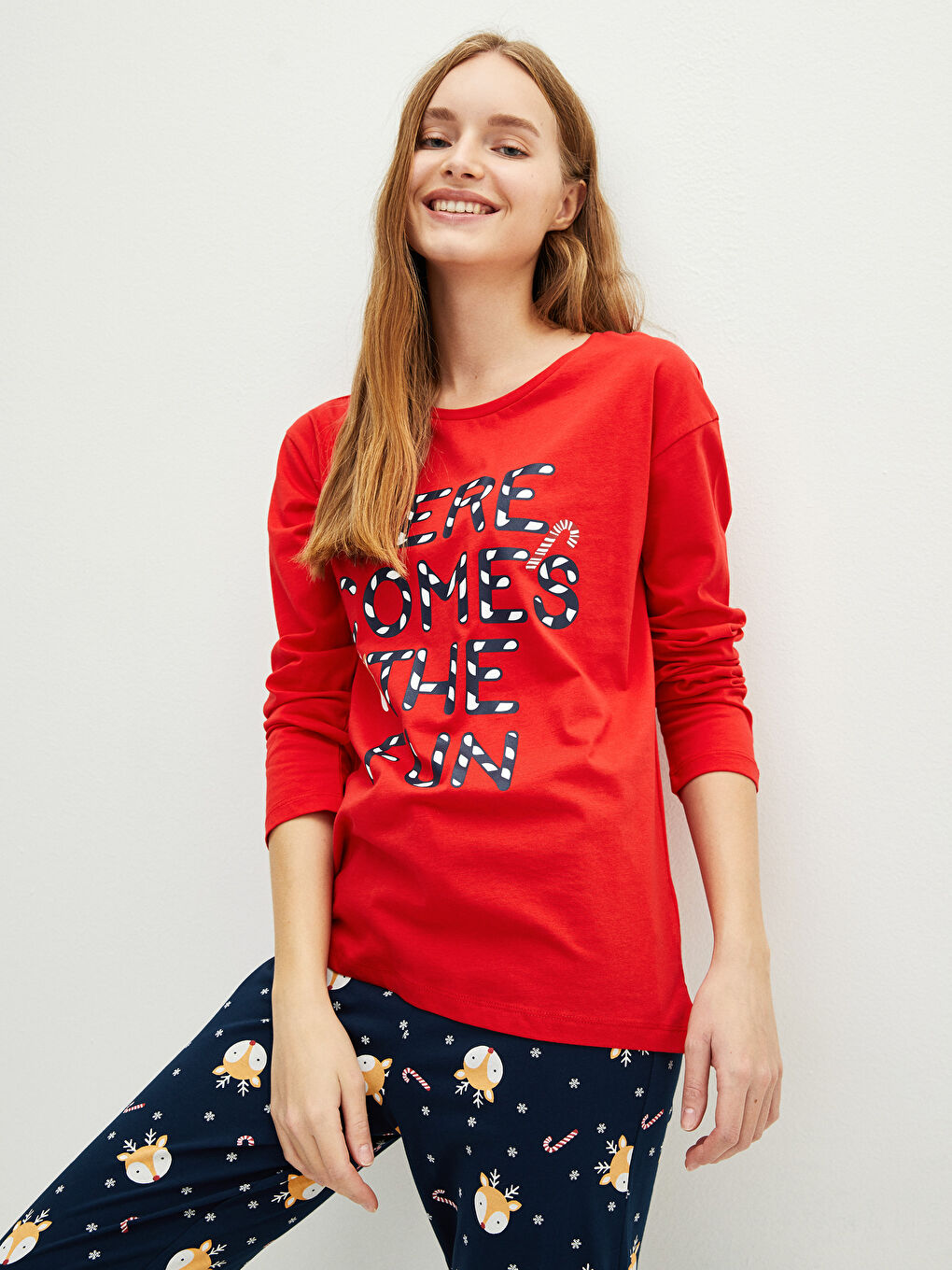 LCW DREAM Rundhalsausschnitt Neujahrsmotiv Langarm Baumwolle Pyjama-Set für Damen -W1K442Z8-LSJ