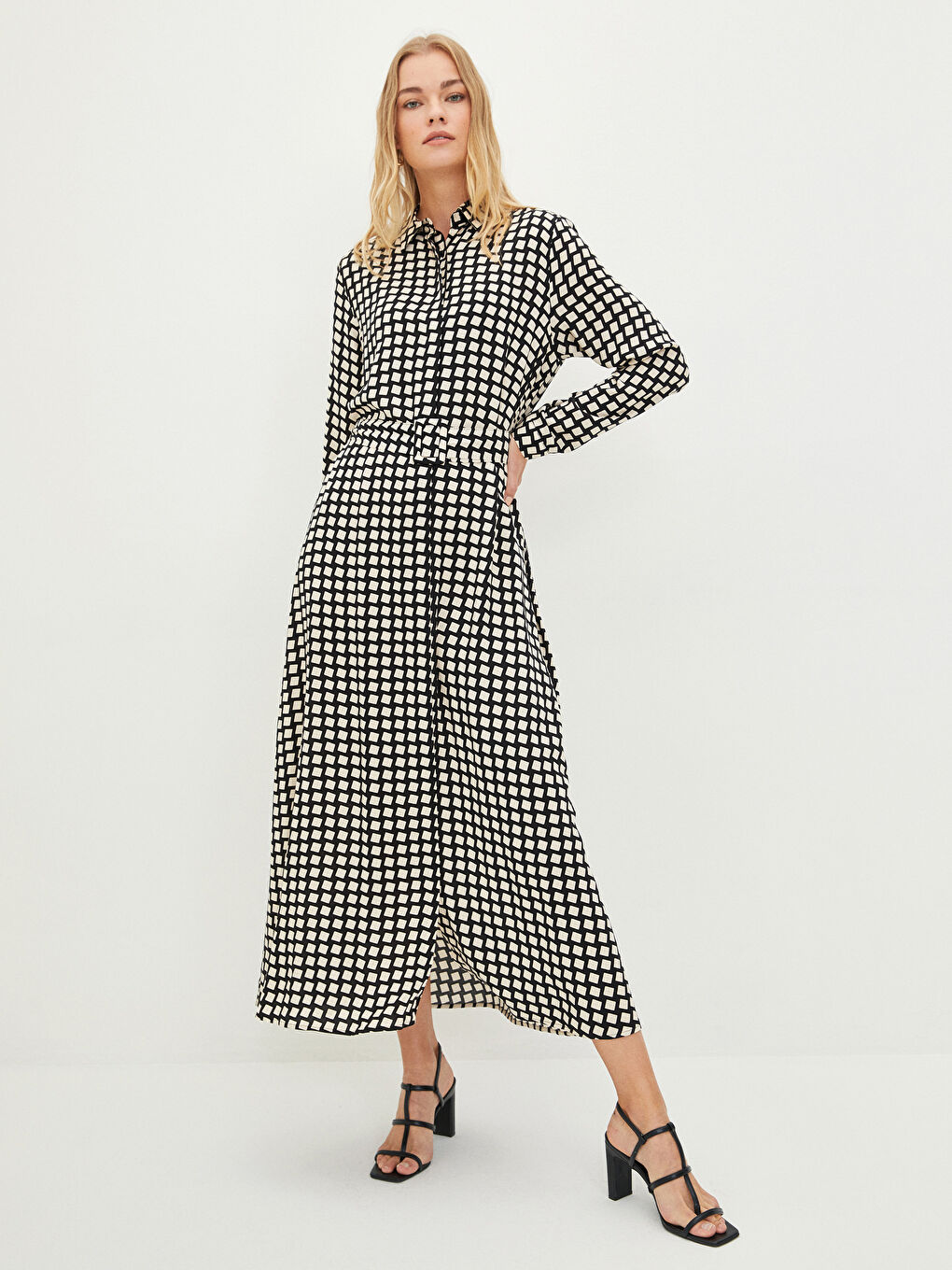 Front Button Closure Patterned Long Sleeve Viscose Women's Shirt Shirt Dress