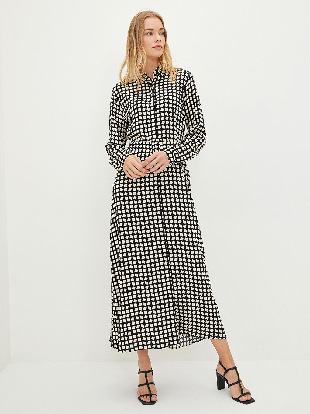 Front Button Closure Patterned Long Sleeve Viscose Women's Shirt Shirt Dress-1