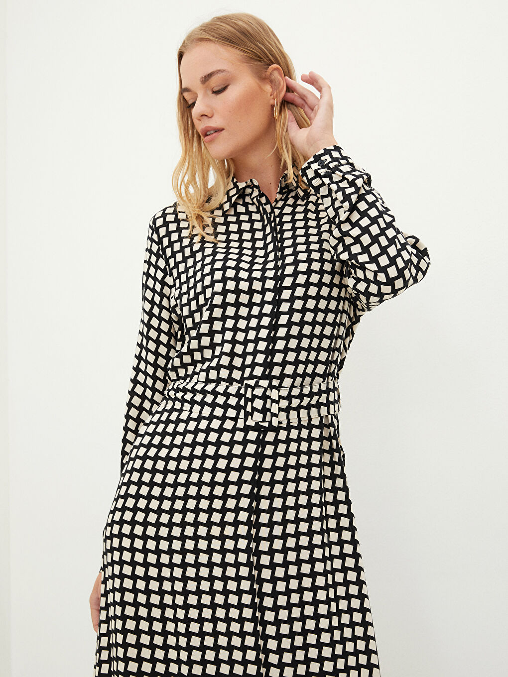Front Button Closure Patterned Long Sleeve Viscose Women's Shirt Shirt Dress-2