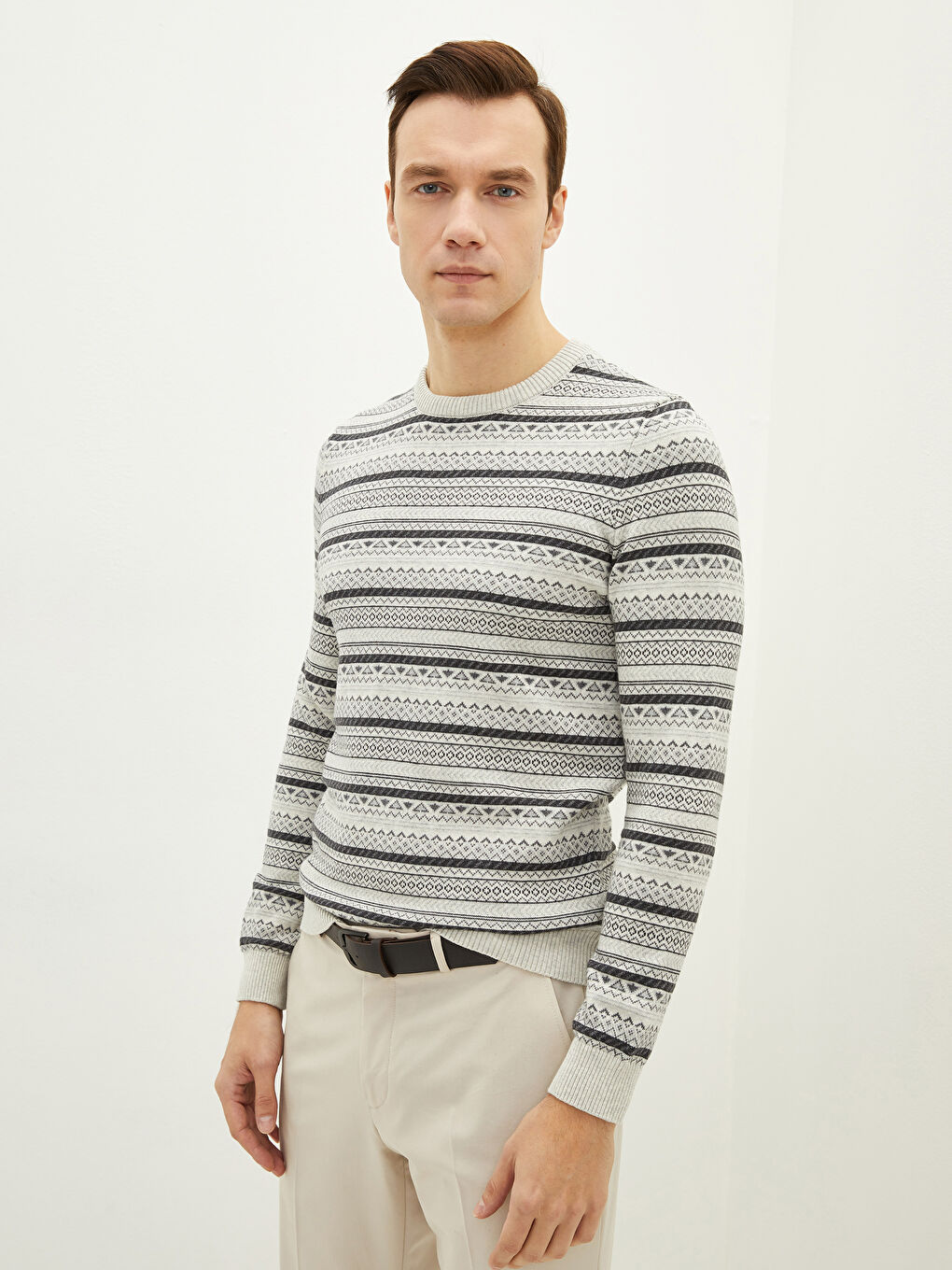 Crew Neck Long Sleeve Patterned Men's Knitwear Sweater-1