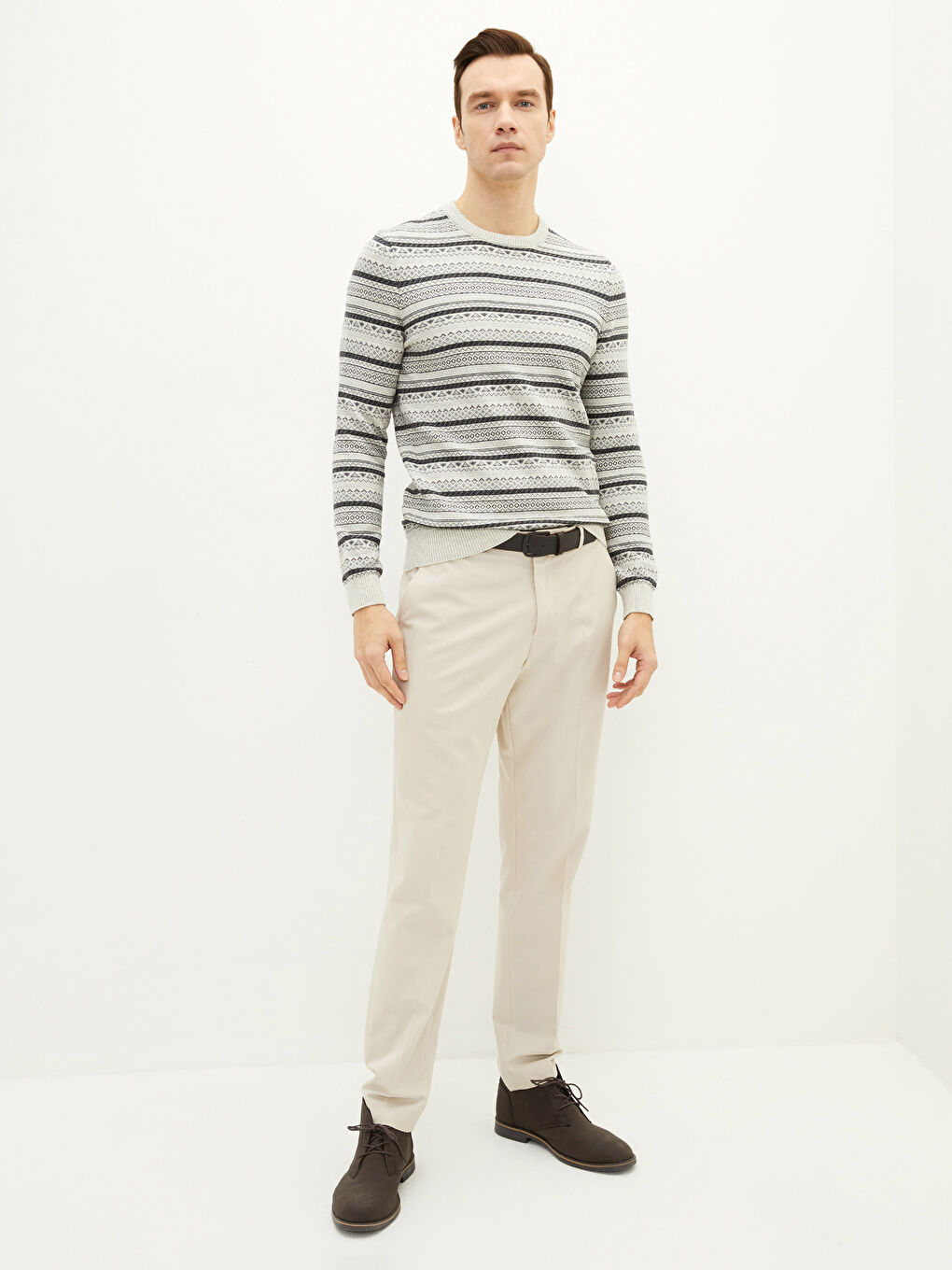 Crew Neck Long Sleeve Patterned Men's Knitwear Sweater-2