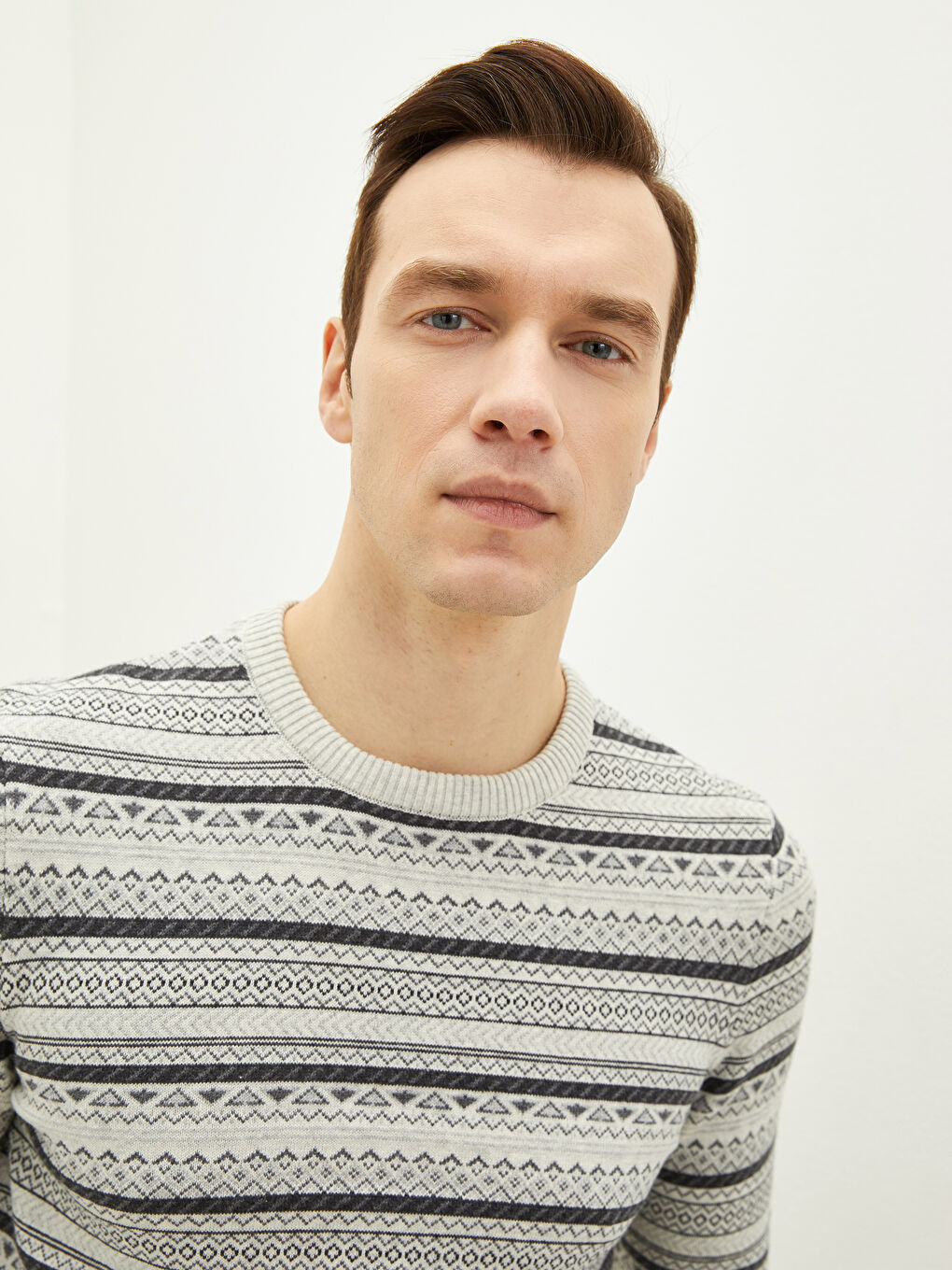 Crew Neck Long Sleeve Patterned Men's Knitwear Sweater-3