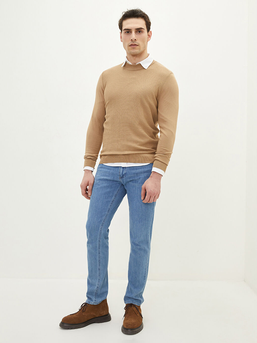 Kahverengi Dik Yaka Uzun Kollu Erkek Triko Kazak-2