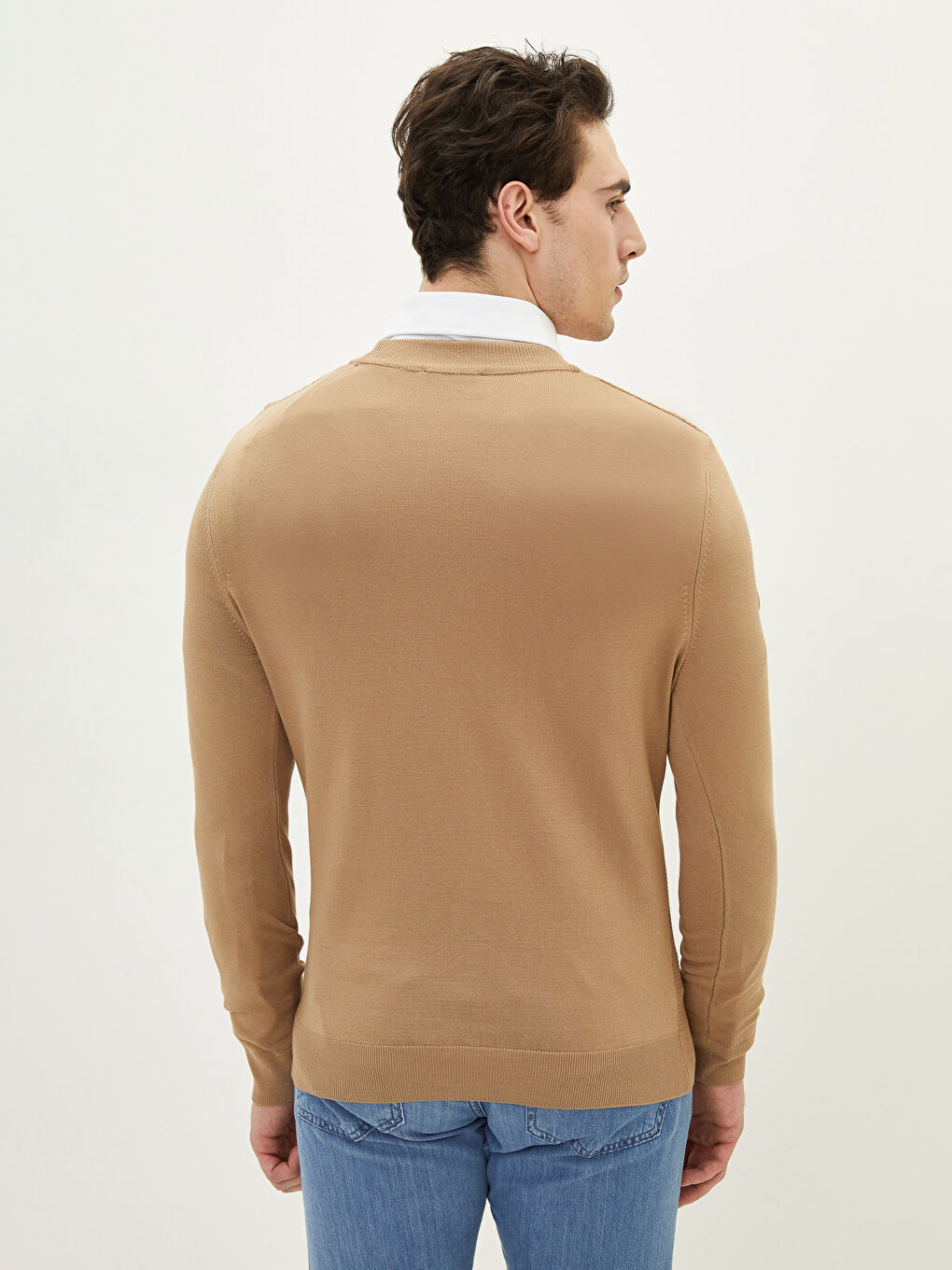 Kahverengi Dik Yaka Uzun Kollu Erkek Triko Kazak-4