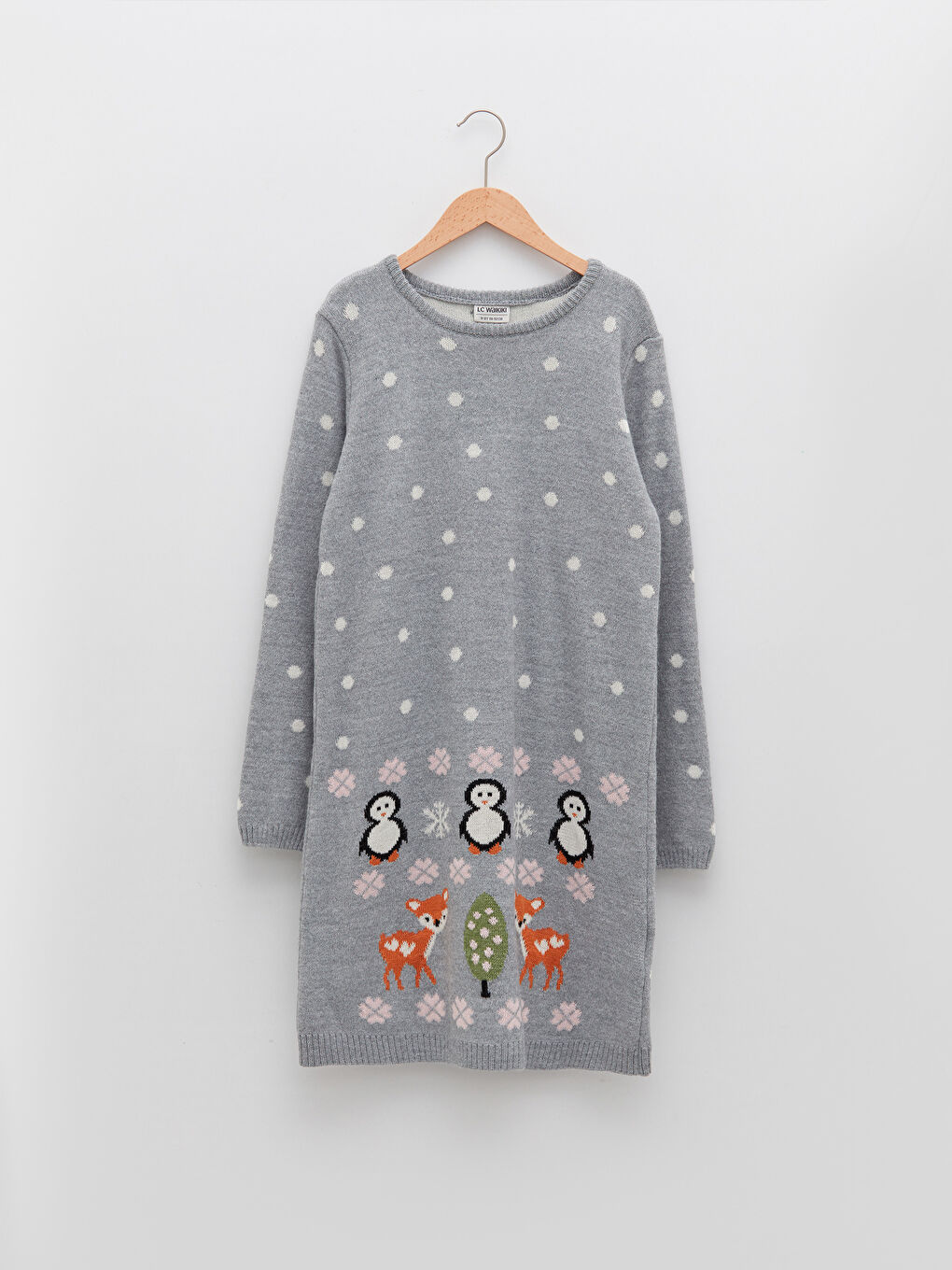 Crew Neck Patterned Long Sleeve Girl Tricot Dress