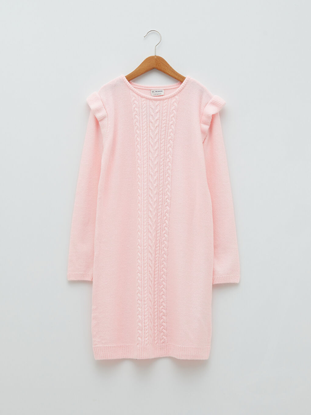 Pembe Bisiklet Yaka Saç Örgüsü Desenli Uzun Kollu Kız Çocuk Triko Elbise