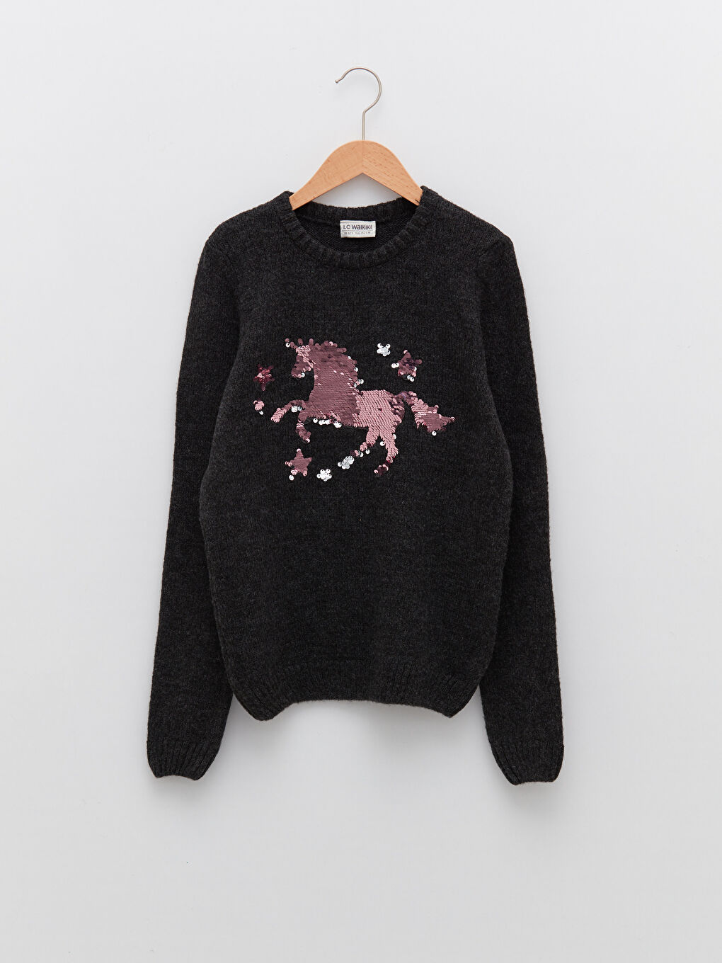 LCW Kids Crew Neck Double-Sided Sequined Long Sleeve Girls' Knitwear Sweater -W1K571Z4-LAM