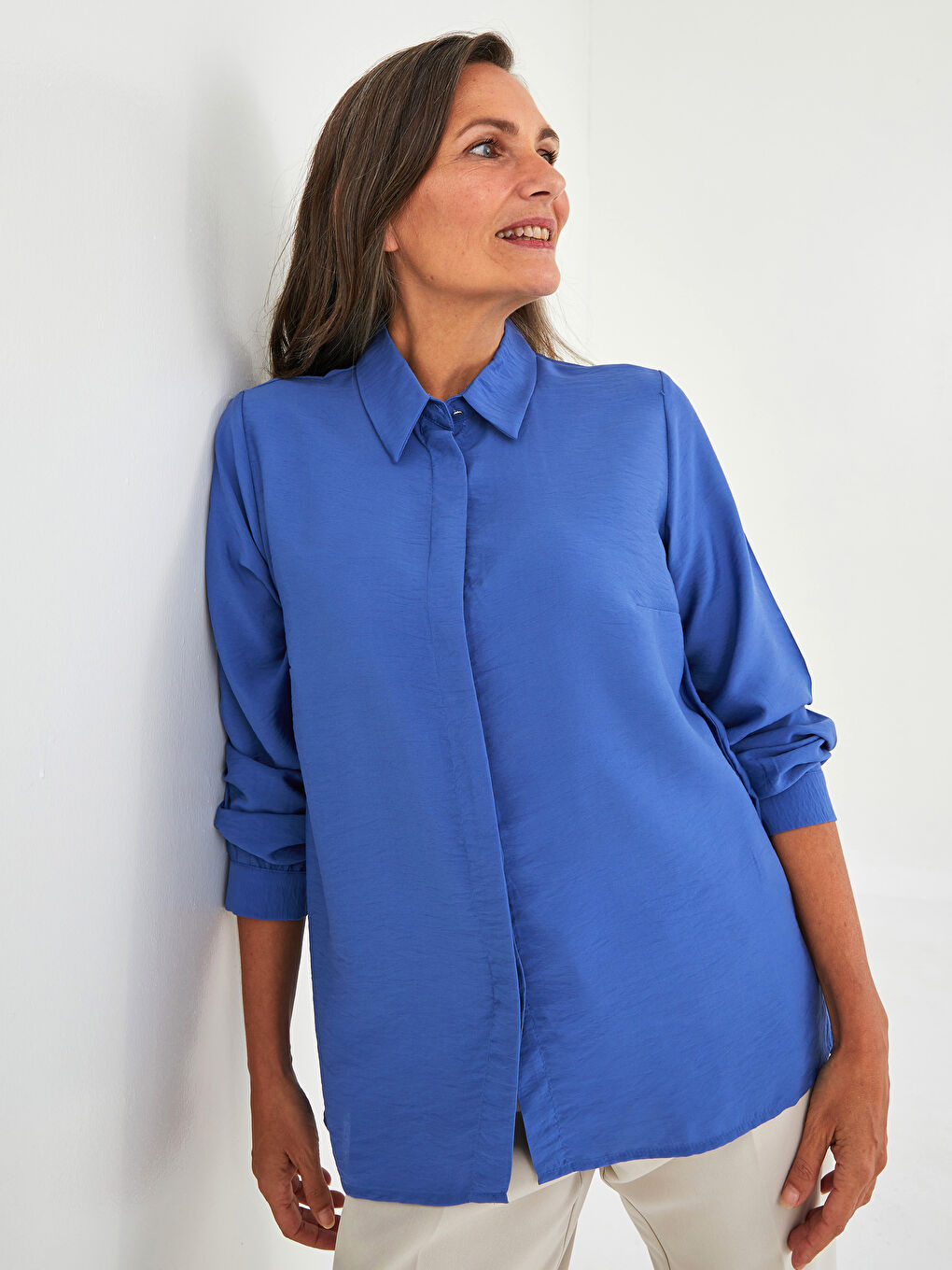 Buttoned Regular Long Sleeve Gabardine Women's Shirt-1