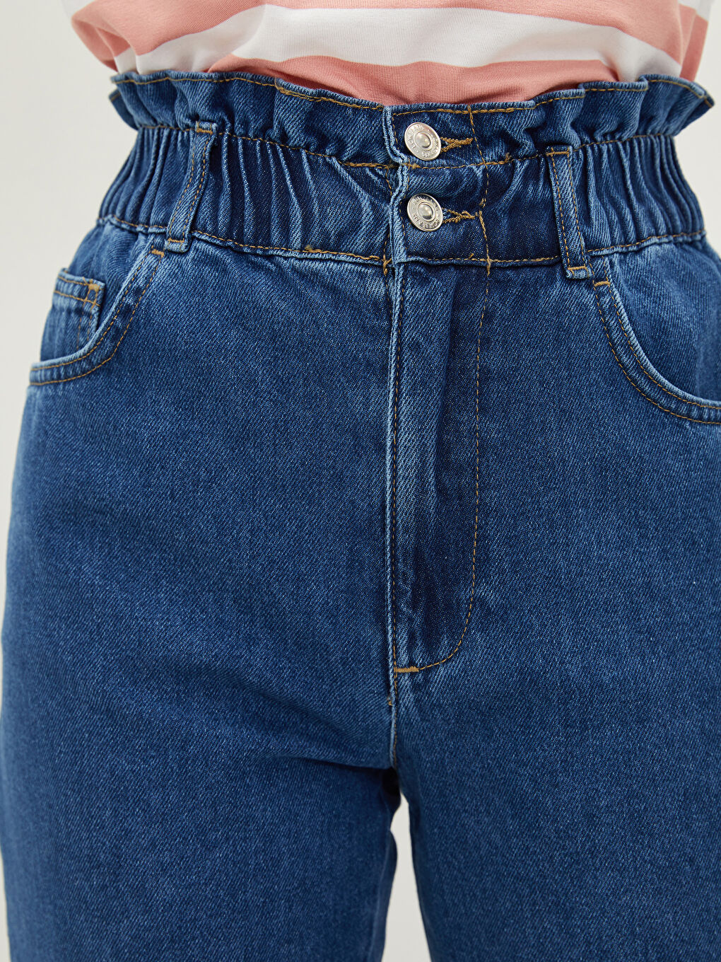 İndigo Yüksek Bel Slouchy Cep Detaylı Rodeo Kadın Jean Pantolon-2