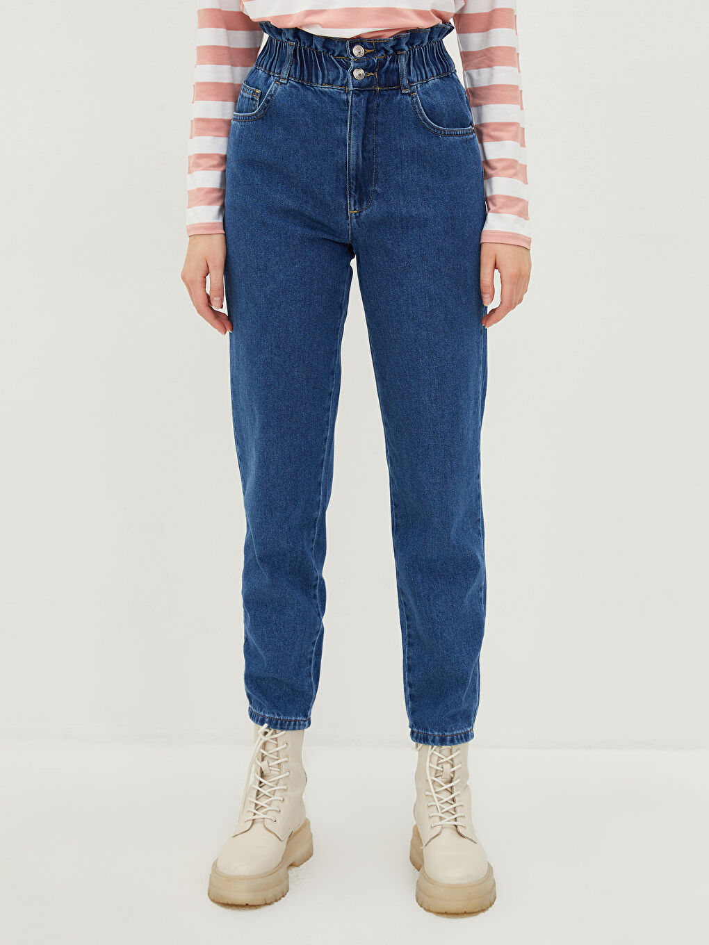 İndigo Yüksek Bel Slouchy Cep Detaylı Rodeo Kadın Jean Pantolon-3