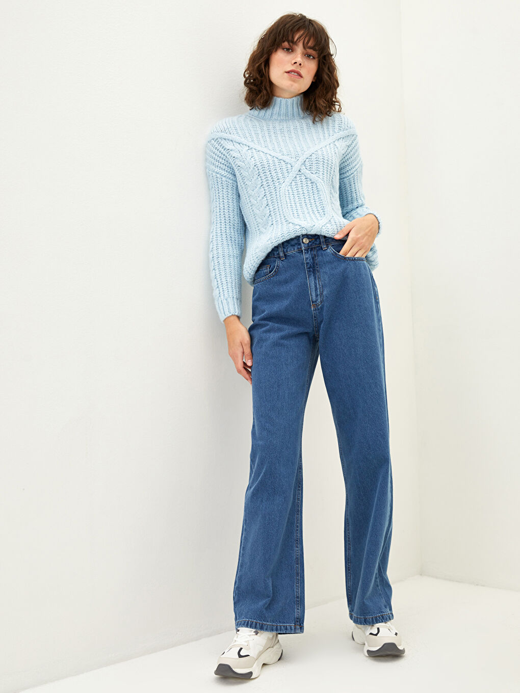 İndigo Yüksek Bel Wideleg Cep Detaylı Kadın Rodeo Jean Pantolon-1