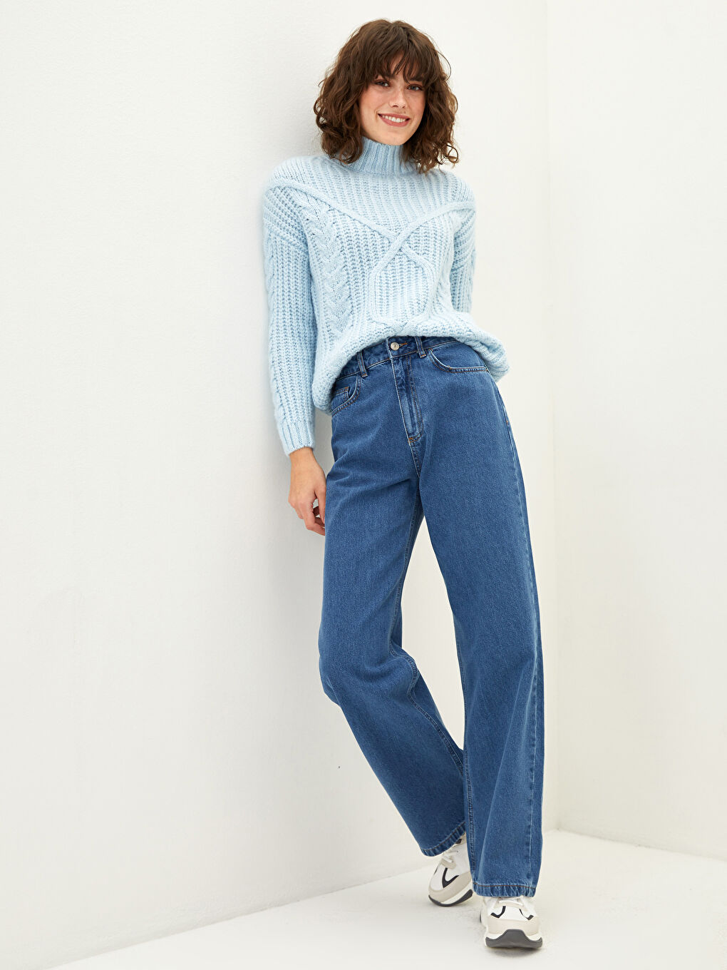 İndigo Yüksek Bel Wideleg Cep Detaylı Kadın Rodeo Jean Pantolon-2