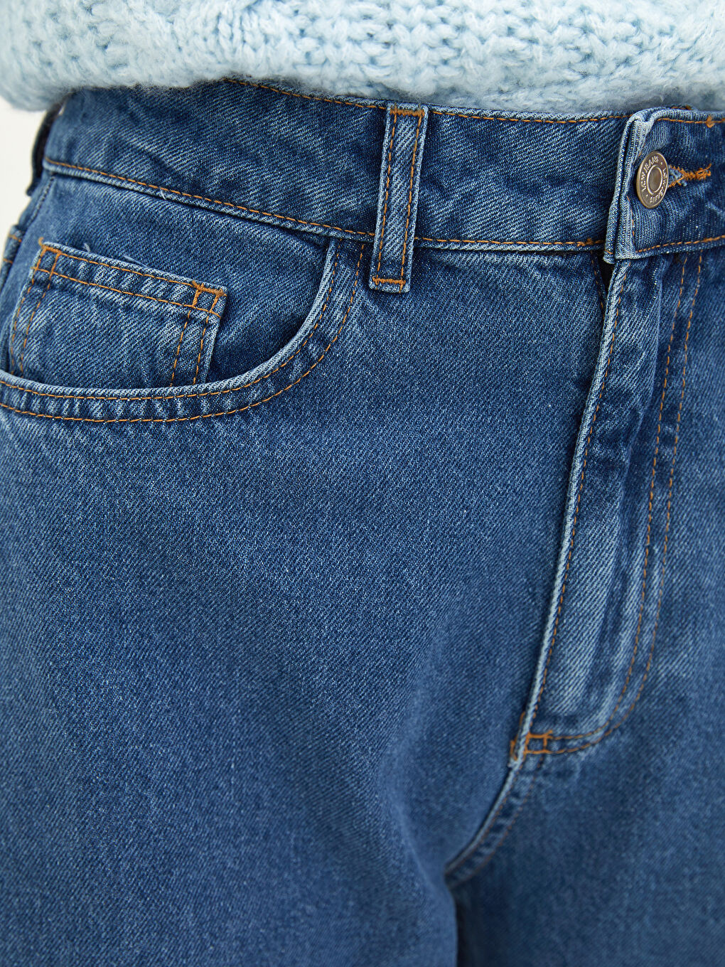 İndigo Yüksek Bel Wideleg Cep Detaylı Kadın Rodeo Jean Pantolon-3