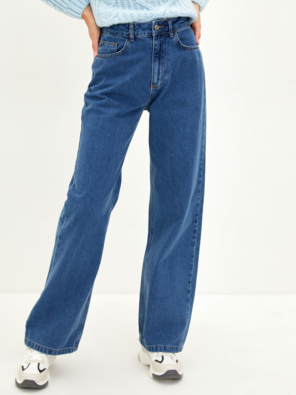 İndigo Yüksek Bel Wideleg Cep Detaylı Kadın Rodeo Jean Pantolon-4