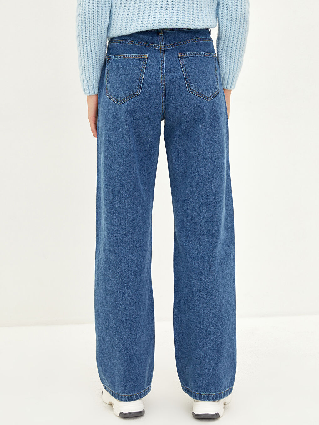 İndigo Yüksek Bel Wideleg Cep Detaylı Kadın Rodeo Jean Pantolon-5