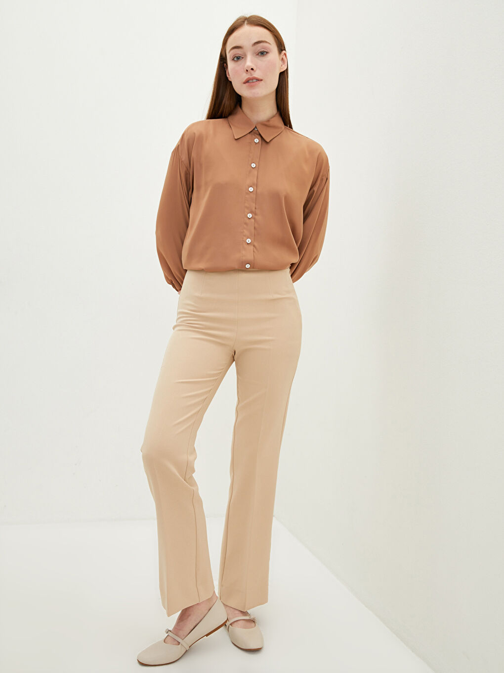 Kahverengi Rahat Kalıp Düz Geniş Paça Kadın Pantolon-1