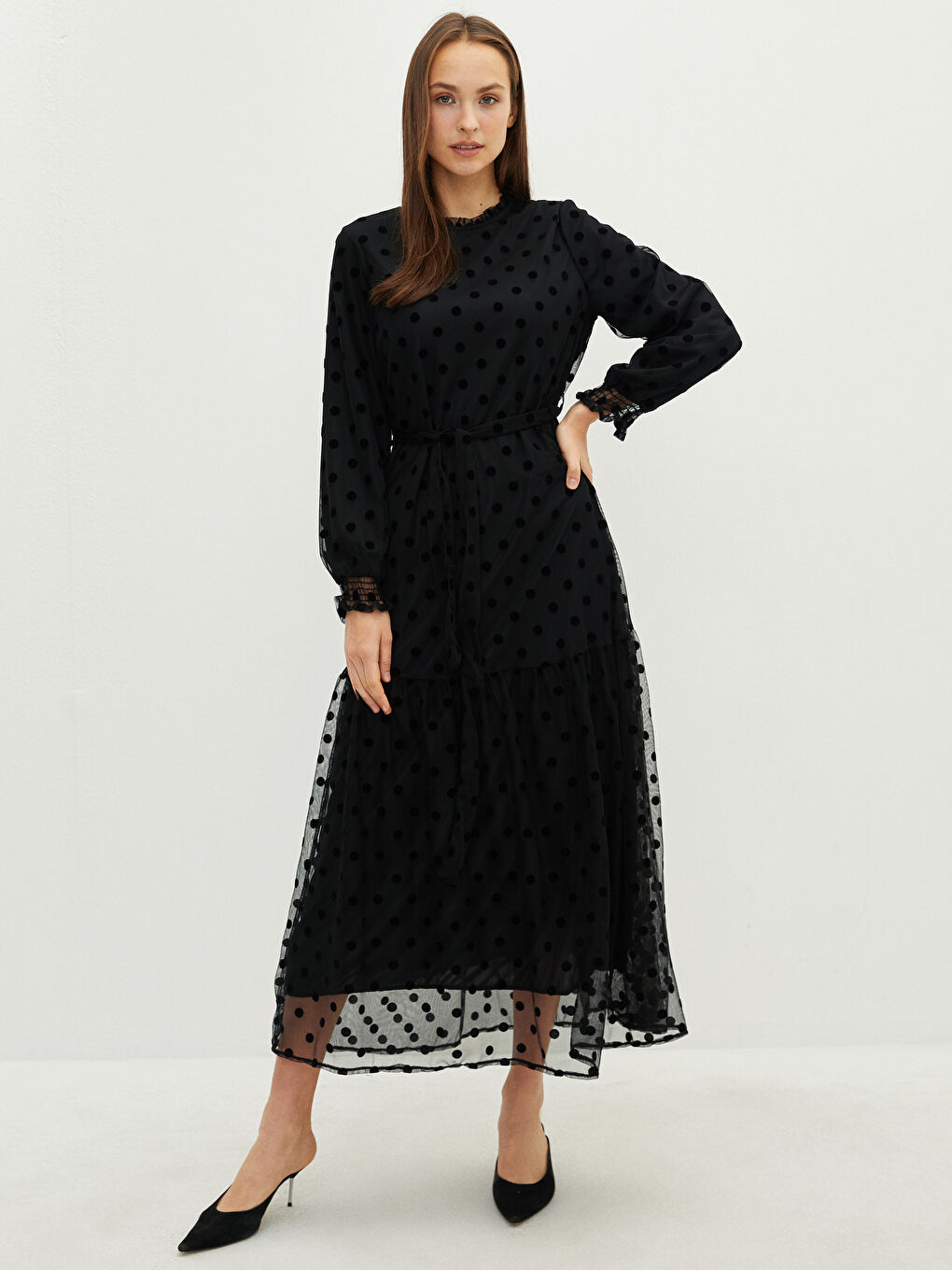 Verspieltes Rundhalsausschnitt Punktmuster Langarm Kleid für Damen