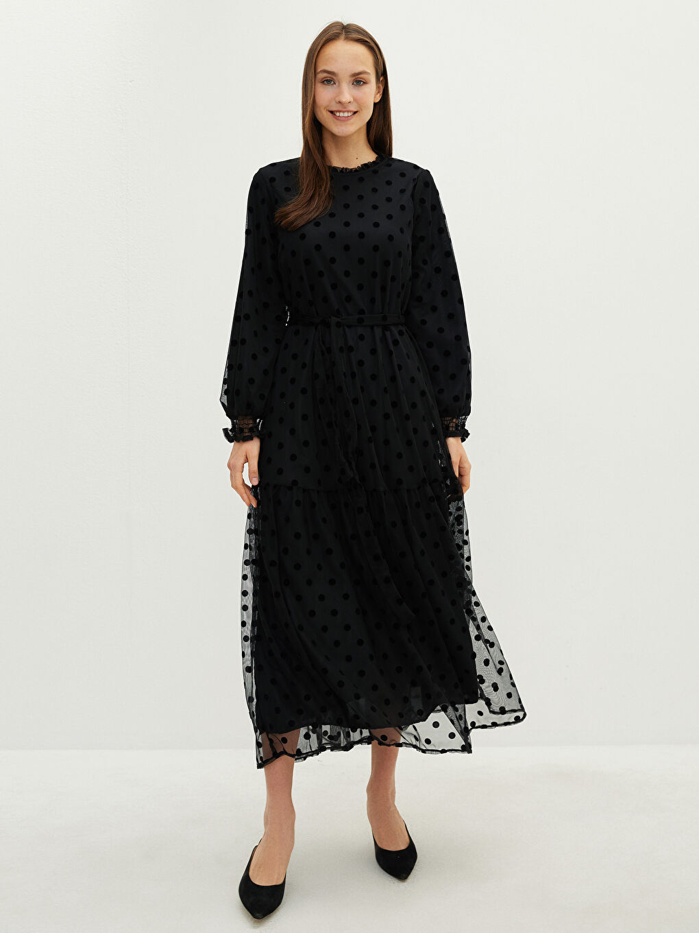 Verspieltes Rundhalsausschnitt Punktmuster Langarm Kleid für Damen-1