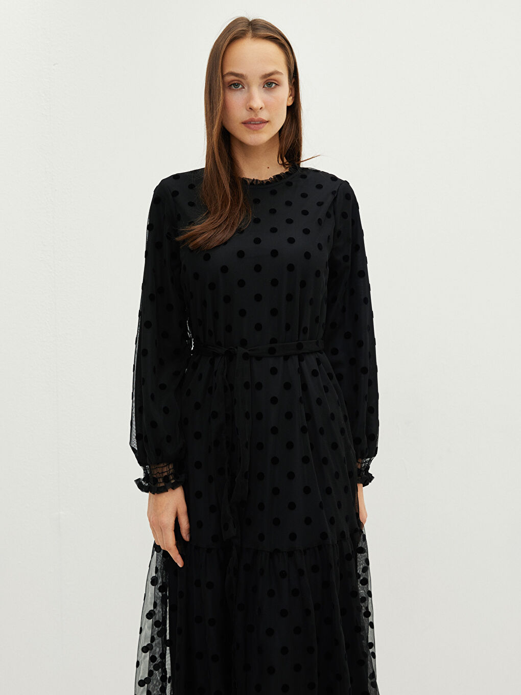 Verspieltes Rundhalsausschnitt Punktmuster Langarm Kleid für Damen-2