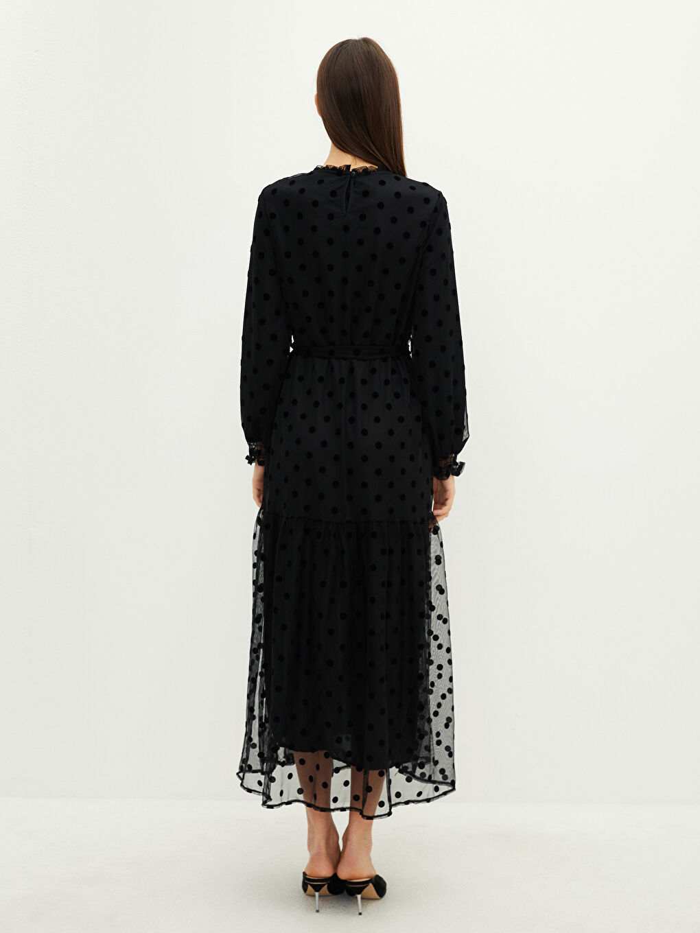 Verspieltes Rundhalsausschnitt Punktmuster Langarm Kleid für Damen-4