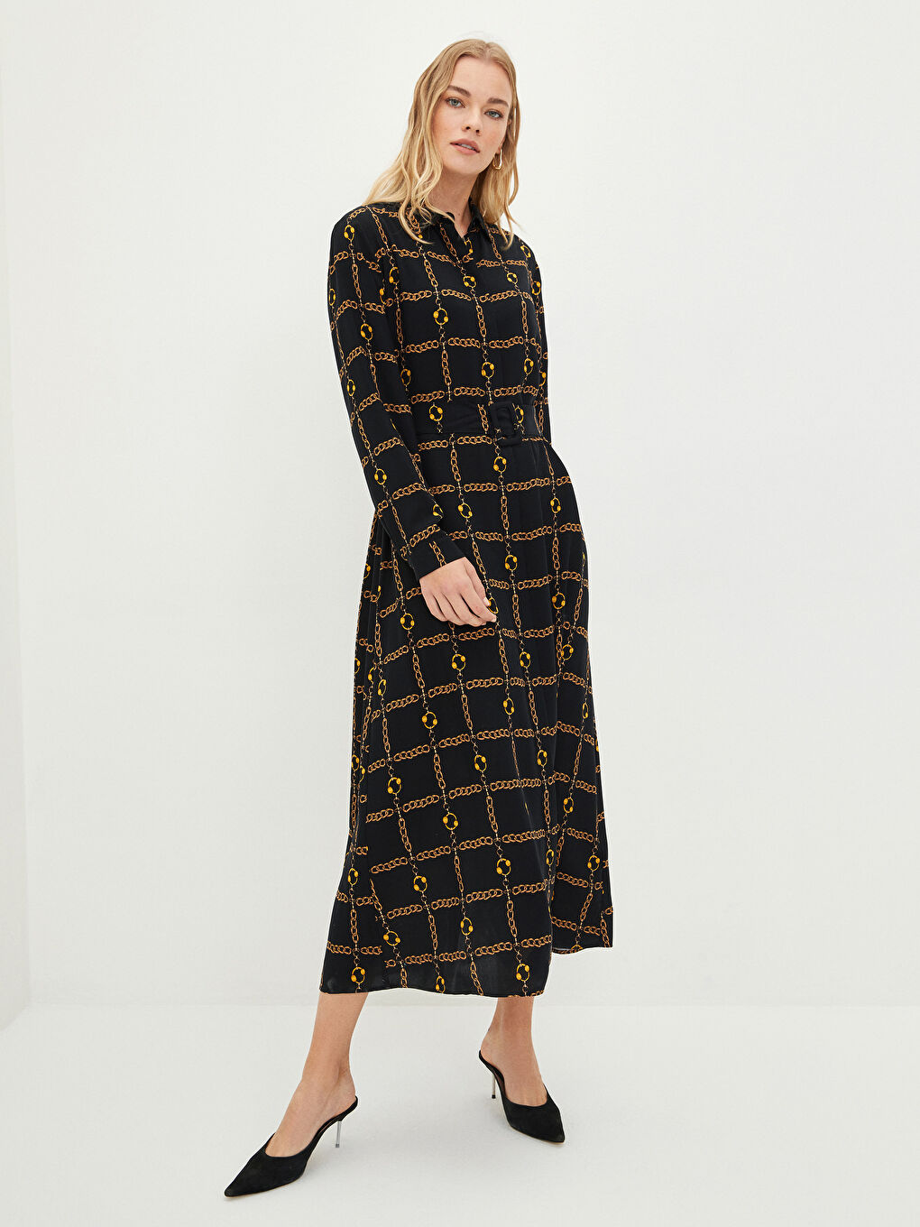 Siyah Önden Düğme Kapamalı Desenli Uzun Kollu Viskon Kadın Gömlek Gömlek Elbise