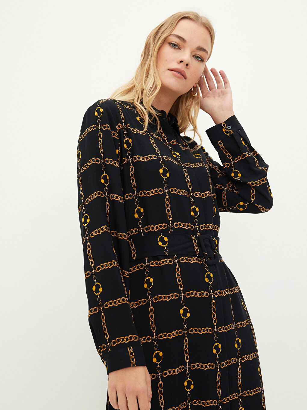 Siyah Önden Düğme Kapamalı Desenli Uzun Kollu Viskon Kadın Gömlek Gömlek Elbise-2